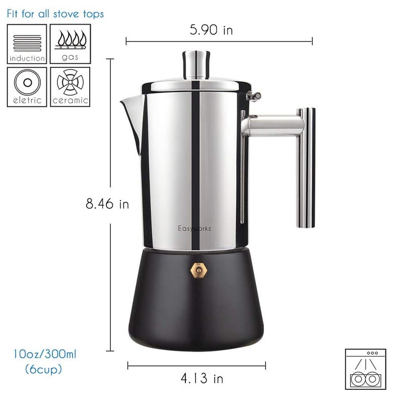 Easyworkz Diego Stovetop Espresso Maker Stainless Steel Italian Coffee Machine Maker 6Cup 10 oz Moka Pot Induction Espresso Pot - Image 3